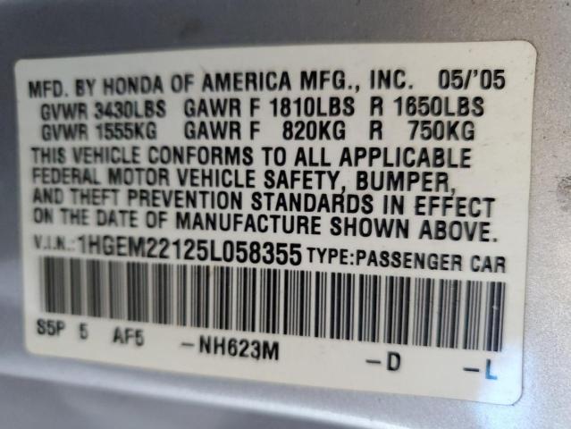 1HGEM22125L058355 - 2005 HONDA CIVIC DX VP ვერცხლისფერი ფოტო 12