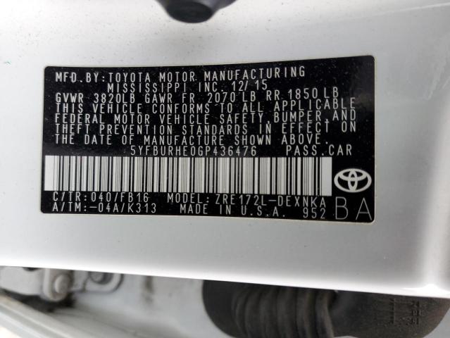 5YFBURHE0GP436476 - 2016 TOYOTA COROLLA L WHITE photo 13