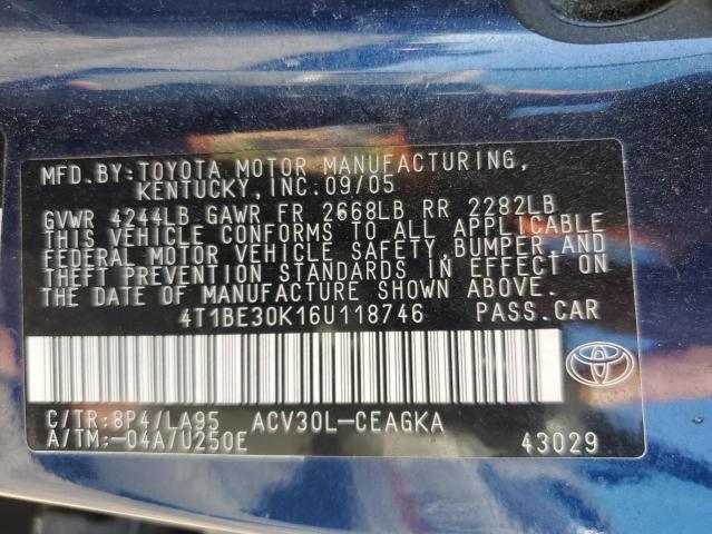 4T1BE30K16U118746 - 2006 TOYOTA CAMRY LE BLUE photo 12