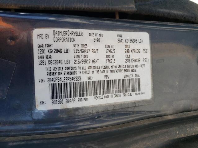 2B4GP54L22R540323 - 2002 DODGE GRAND CARA ES BLUE photo 13