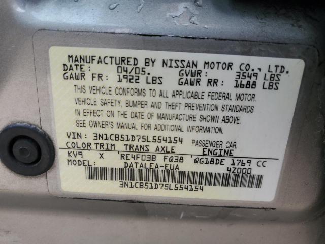 3N1CB51D75L554154 - 2005 NISSAN SENTRA 1.8 GRAY photo 13