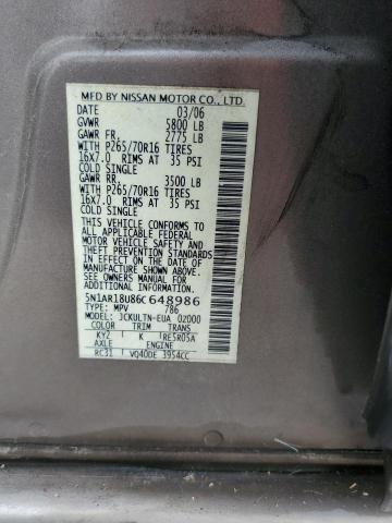 5N1AR18U86C648986 - 2006 NISSAN PATHFINDER LE Շագանակագույն լուսանկար 13
