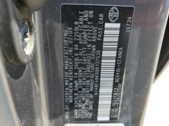 4T4BE46K99R137536 - 2009 TOYOTA CAMRY BASE GRAY photo 12