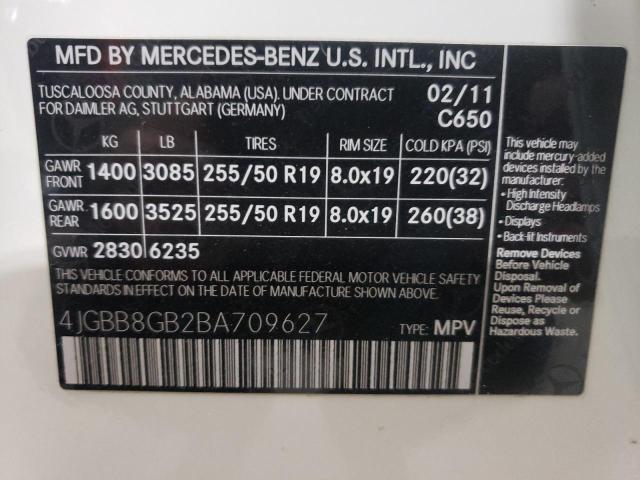 4JGBB8GB2BA709627 - 2011 MERCEDES-BENZ ML 350 4MATIC WHITE photo 12