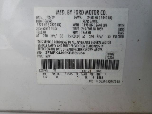 2FMPK4J90KBB89954 - 2019 FORD EDGE SEL WHITE photo 12