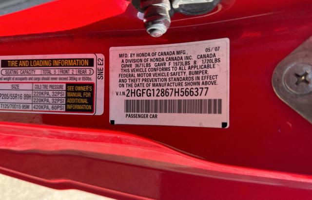 2HGFG12867H566377 - 2007 HONDA CIVIC EX RED photo 10