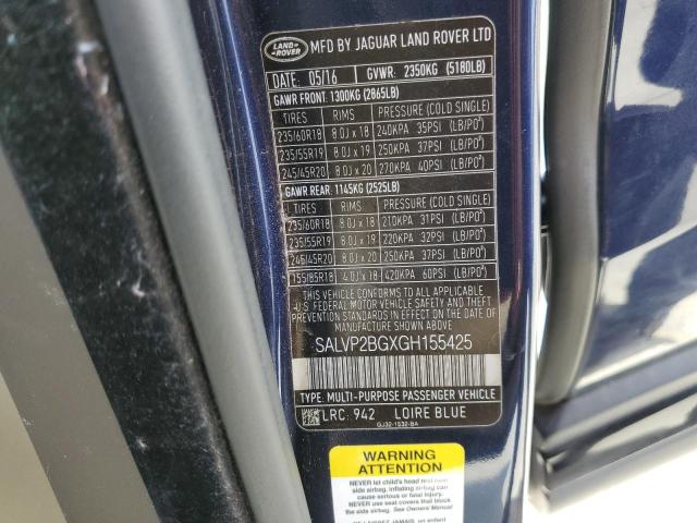SALVP2BGXGH155425 - 2016 LAND ROVER RANGE ROVE SE BLUE photo 12