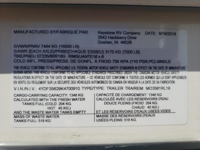 4YDF35629K4700910 - 2019 KEYSTONE MONTANA TWO TONE photo 10