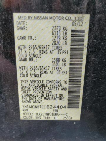 5N1AR1NB7CC624404 - 2012 NISSAN PATHFINDER S 黑色 照片 12