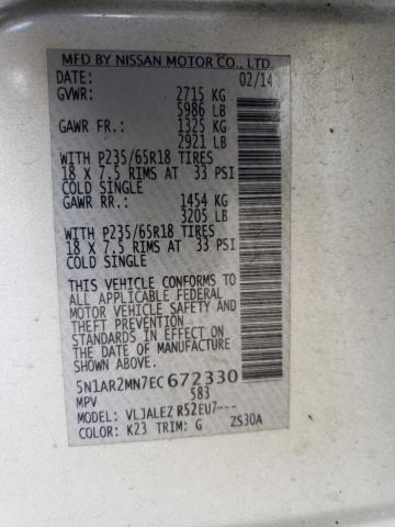 5N1AR2MN7EC672330 - 2014 NISSAN PATHFINDER S 银色 照片 13