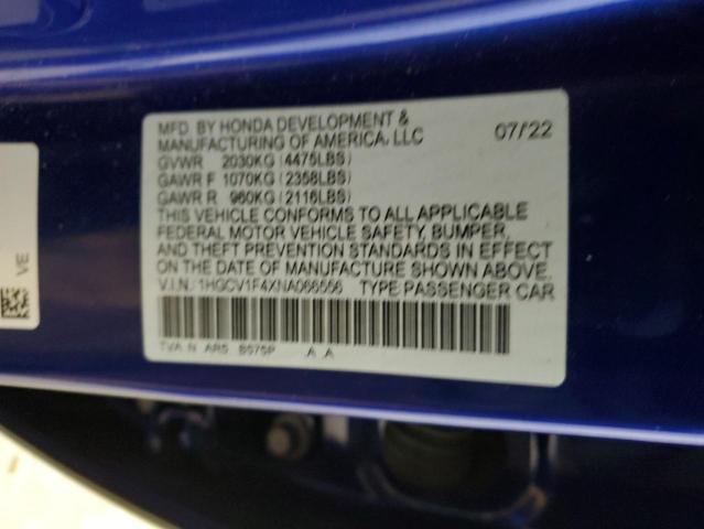 1HGCV1F4XNA066556 - 2022 HONDA ACCORD SPORT SE BLUE photo 12