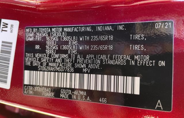 5TDGZRAH7MS077836 - 2021 TOYOTA HIGHLANDER XLE RED photo 10