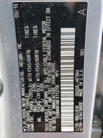 5TDKKRFH8FS113706 - 2015 TOYOTA HIGHLANDER XLE SILVER photo 13