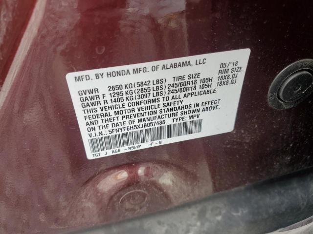 5FNYF6H5XJB057488 - 2018 HONDA PILOT EXL BURGUNDY photo 12