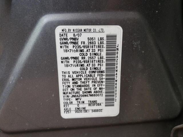 JN8AZ08W47W660072 - 2007 NISSAN MURANO SL GRAY photo 13