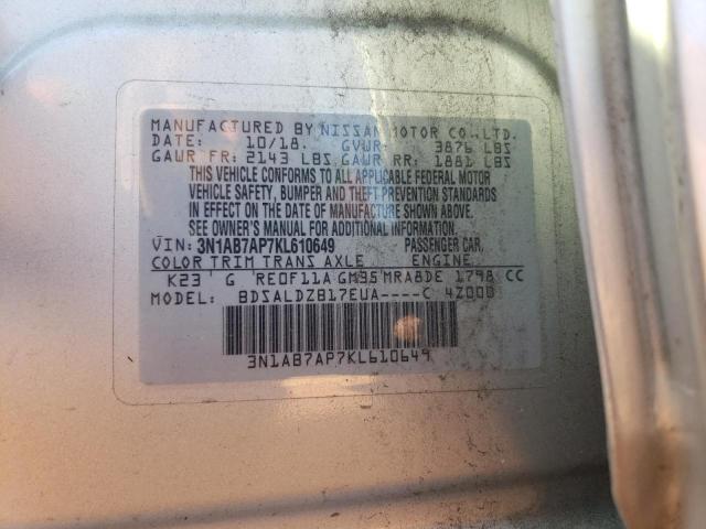 3N1AB7AP7KL610649 - 2019 NISSAN SENTRA S SILVER photo 12