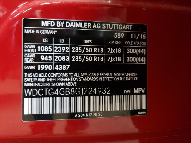 WDCTG4GB8GJ224932 - 2016 MERCEDES-BENZ GLA 250 4MATIC RED photo 12