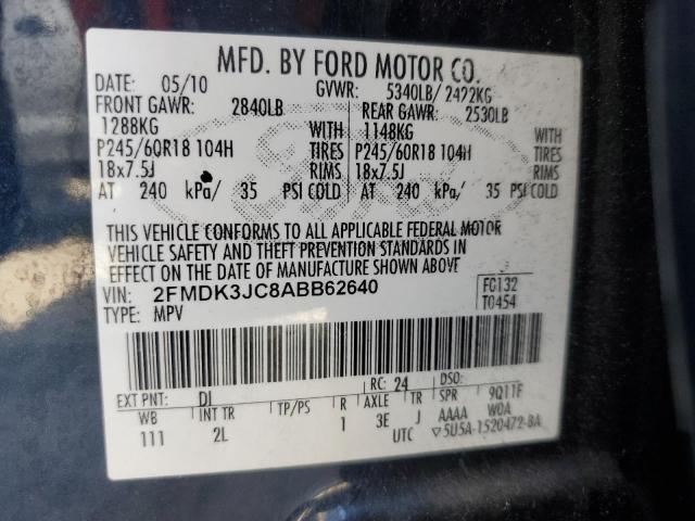 2FMDK3JC8ABB62640 - 2010 FORD EDGE SEL BLUE photo 12