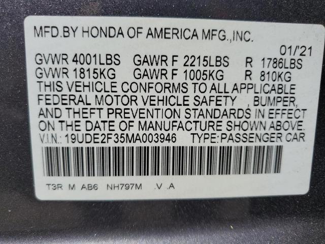 19UDE2F35MA003946 - 2021 ACURA ILX GRAY photo 12