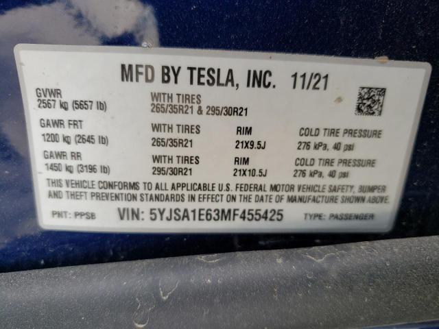 5YJSA1E63MF455425 - 2021 TESLA MODEL S Mavi foto 13