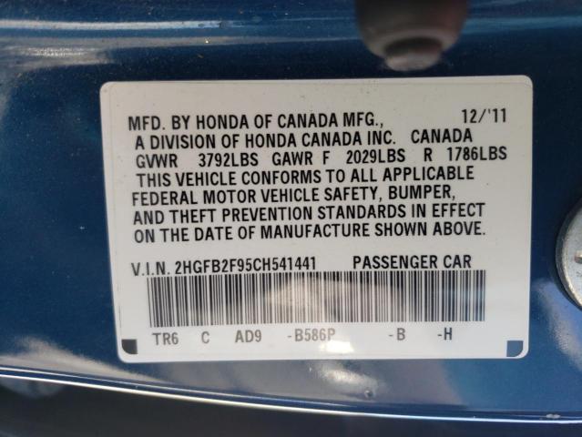 2HGFB2F95CH541441 - 2012 HONDA CIVIC EXL BLUE photo 12