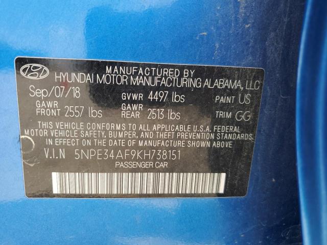 5NPE34AF9KH738151 - 2019 HYUNDAI SONATA LIMITED BLUE photo 13