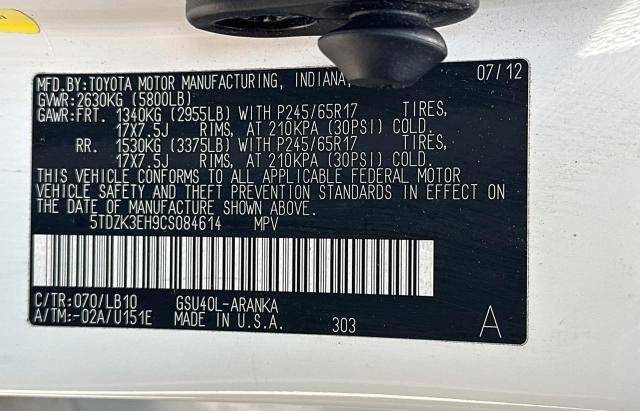 5TDZK3EH9CS084614 - 2012 TOYOTA HIGHLANDER BASE Ақ фото 10