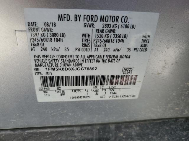 1FM5K8D8XJGC78892 - 2018 FORD EXPLORER XLT SILVER photo 13