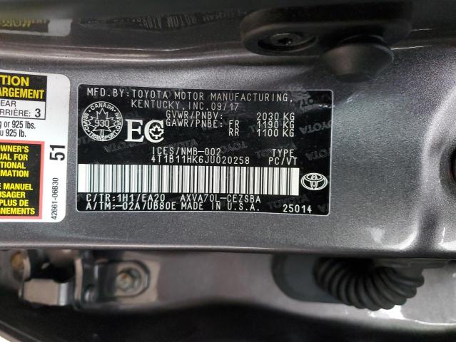 4T1B11HK6JU020258 - 2018 TOYOTA CAMRY L GRAY photo 12