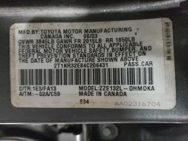 2T1KR32E84C206431 - 2004 TOYOTA COROLLA MA XR GRAY photo 12