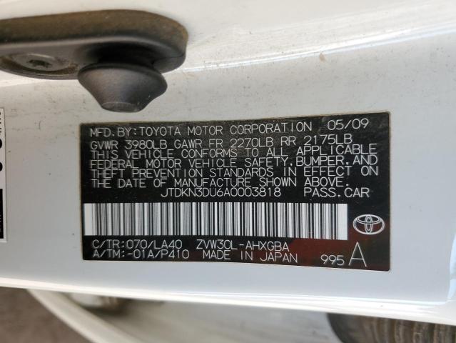 JTDKN3DU6A0003818 - 2010 TOYOTA PRIUS WHITE photo 12