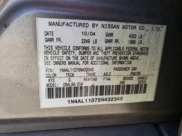 1N4AL11D75N432345 - 2005 NISSAN ALTIMA S GOLD photo 12