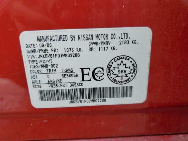 JNKBV61F07M802288 - 2007 INFINITI G35 RED photo 12