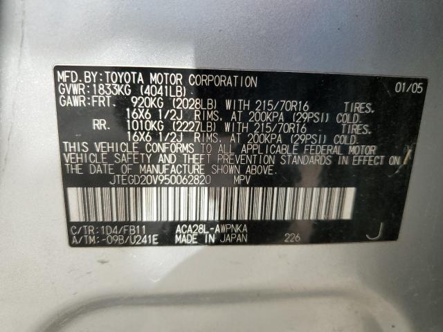 JTEGD20V950062820 - 2005 TOYOTA RAV4 SILVER photo 13