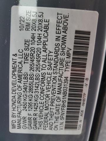 5FNYF8H51NB031394 - 2022 HONDA PASSPORT EXL ლურჯი ფოტო 12