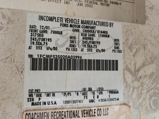 1FCMF53S020A03994 - 2004 COACH MIRADA SUPER DUTY STRIPPED CHASSIS WHITE photo 10