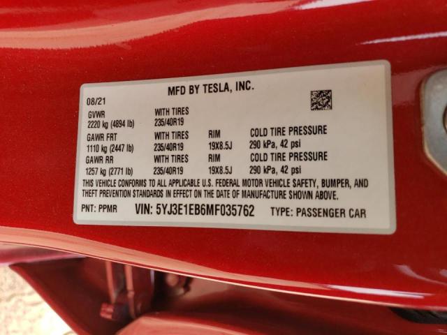 5YJ3E1EB6MF035762 - 2021 TESLA MODEL 3 RED photo 12