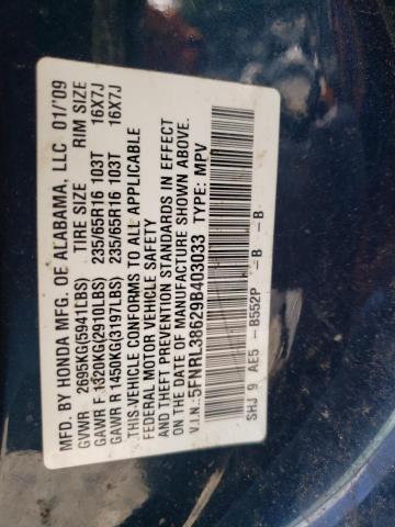 5FNRL38629B403033 - 2009 HONDA ODYSSEY EXL BLUE photo 14