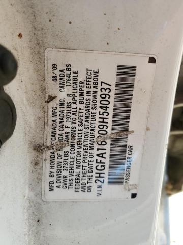2HGFA16909H540937 - 2009 HONDA CIVIC EXL Ağ foto 12