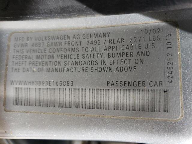 WVWWH63B93E166883 - 2003 VOLKSWAGEN PASSAT GLX SILVER photo 10