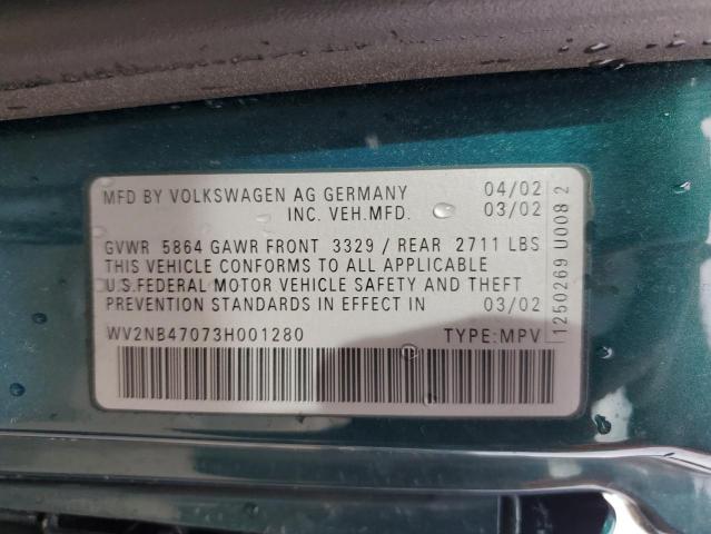 WV2NB47073H001280 - 2003 VOLKSWAGEN EUROVAN MV GREEN photo 13