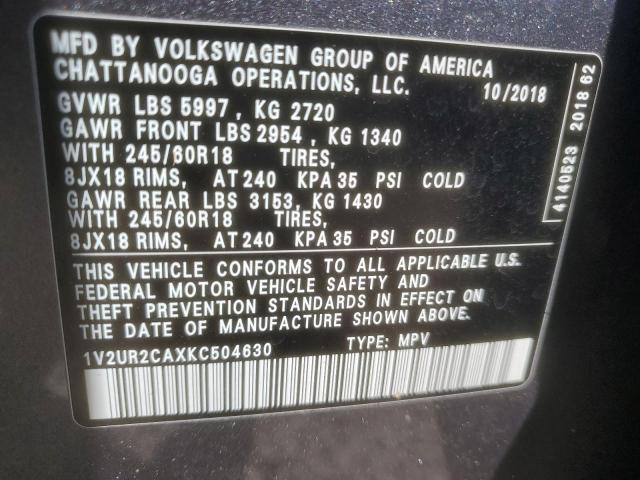 1V2UR2CAXKC504630 - 2019 VOLKSWAGEN ATLAS SE GRAY photo 14