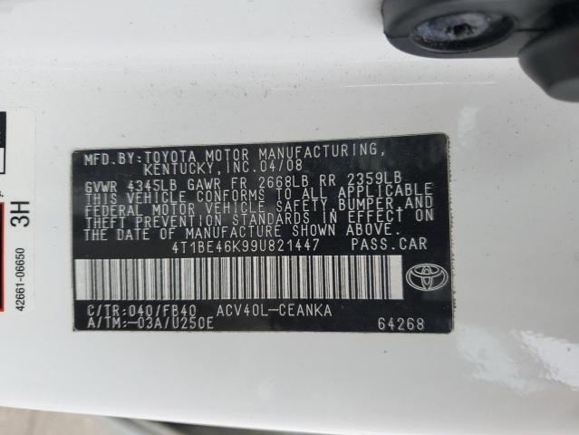 4T1BE46K99U821447 - 2009 TOYOTA CAMRY BASE WHITE photo 12