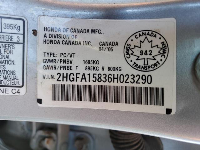 2HGFA15836H023290 - 2006 HONDA CIVIC EX SILVER photo 12