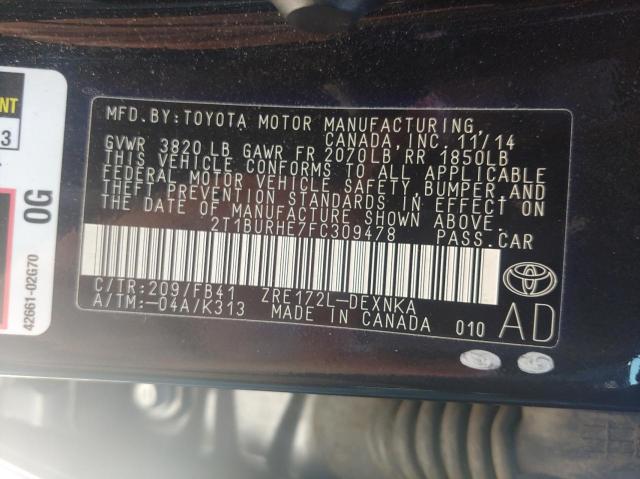 2T1BURHE7FC309478 - 2015 TOYOTA COROLLA L BLACK photo 10