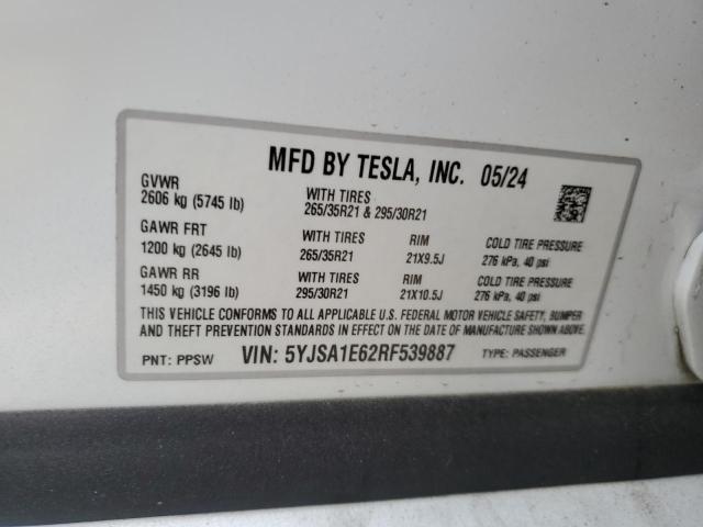 5YJSA1E62RF539887 - 2024 TESLA MODEL S WHITE photo 12