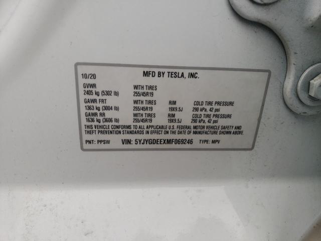5YJYGDEEXMF069246 - 2021 TESLA MODEL Y أبيض صورة 10