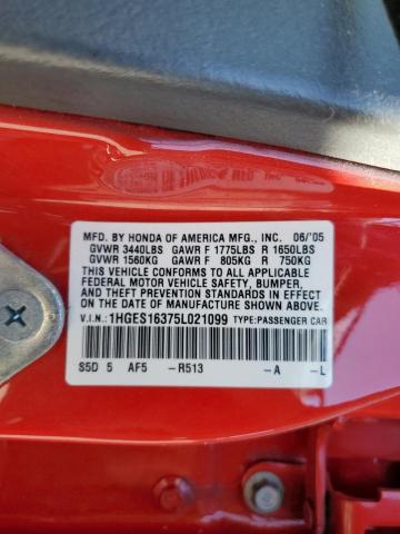 1HGES16375L021099 - 2005 HONDA CIVIC DX VP RED photo 12