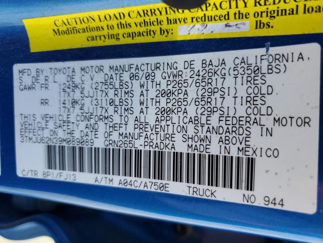 3TMJU62N39M089089 - 2009 TOYOTA TACOMA DOUBLE CAB PRERUNNER BLUE photo 12