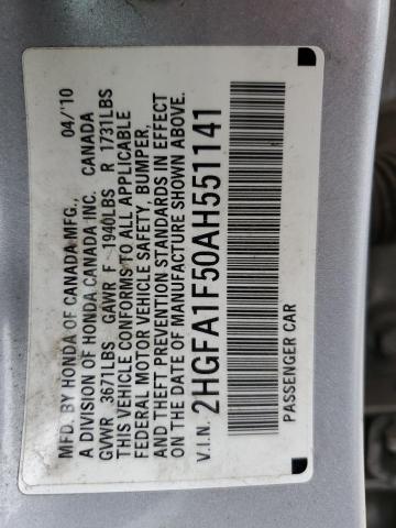 2HGFA1F50AH551141 - 2010 HONDA CIVIC LX SILVER photo 12